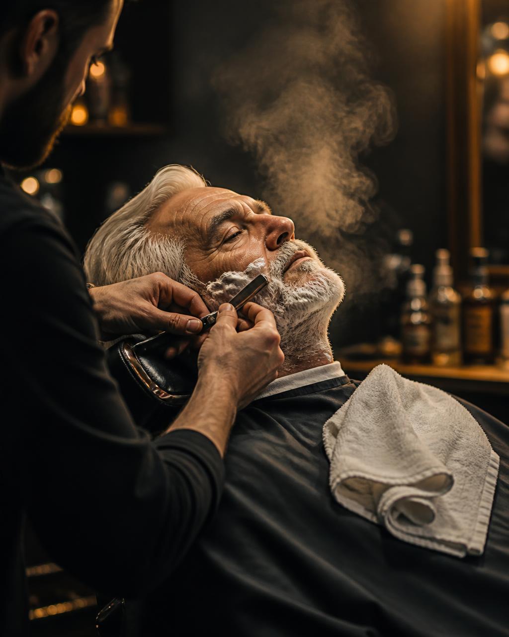 Senior gentleman receiving a traditional hot lather straight-razor shave at City Barber