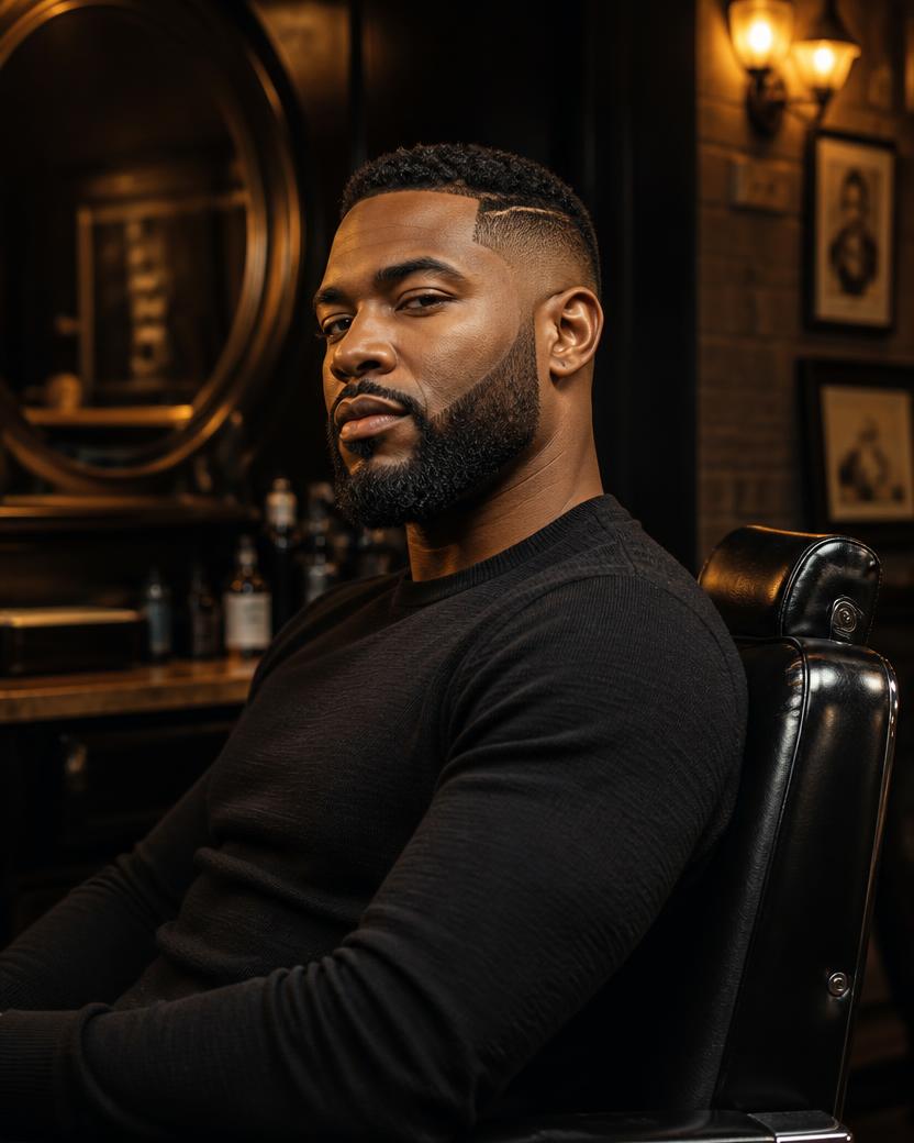 Client with a fresh haircut and lined-up beard in a barber chair