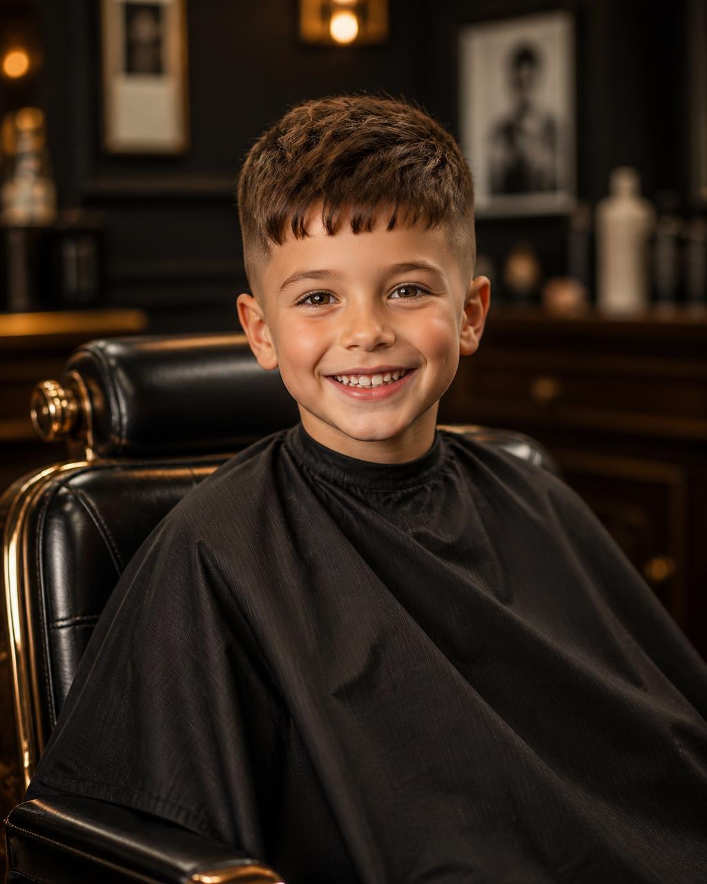 Happy young boy with a neat trendy kids haircut at City Barber