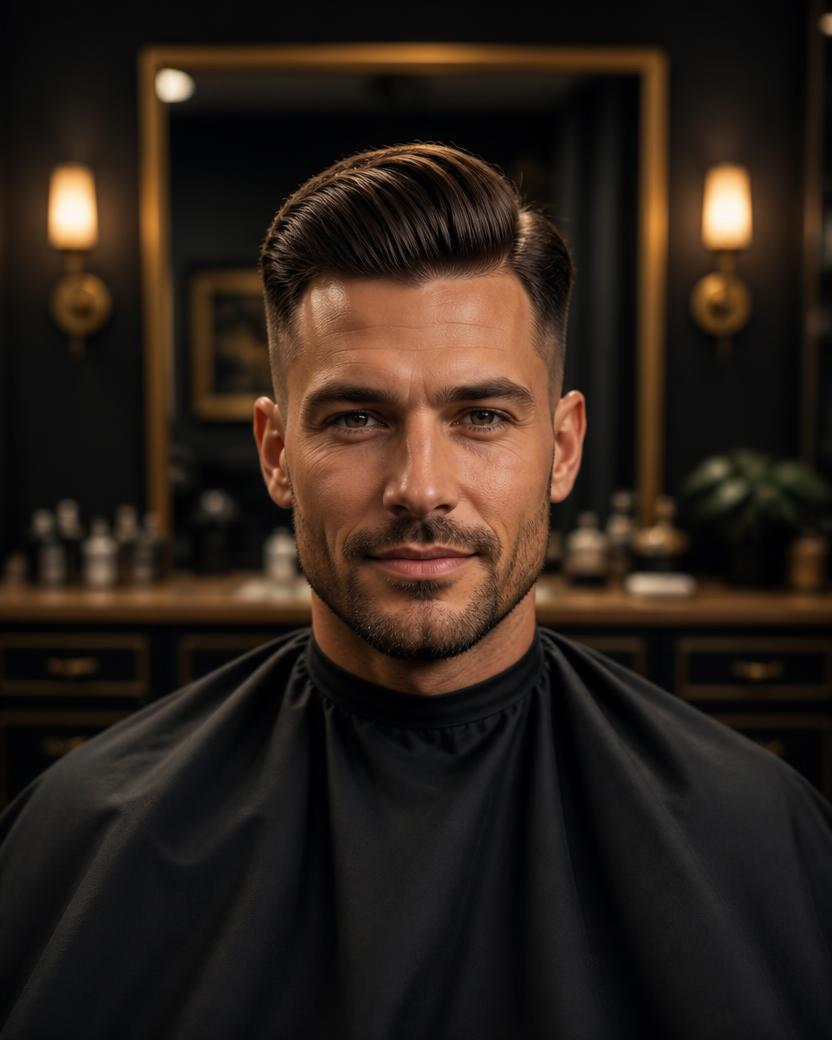 Confident professional client with a polished pompadour side part
